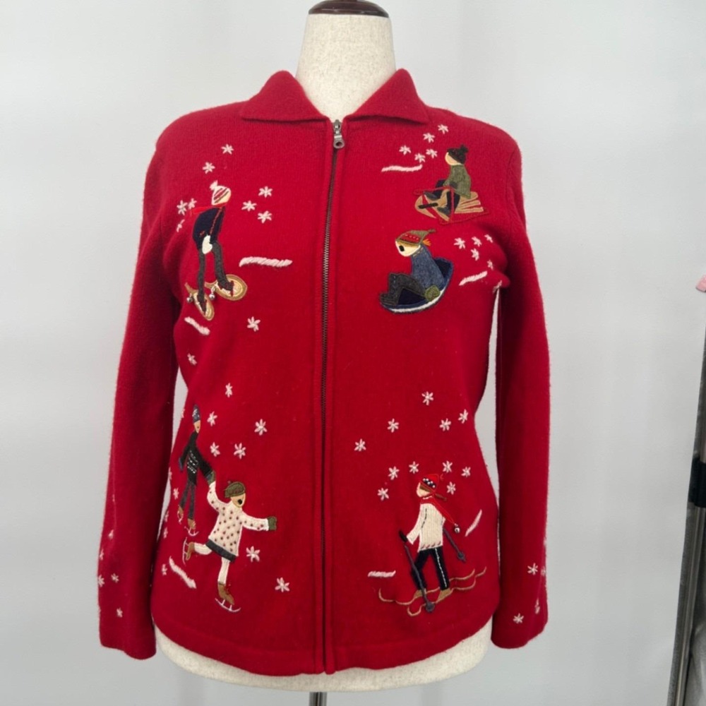 Wms Red Lambswool Zip Winter Sport Holiday Cardigan Sweater L Jones New York